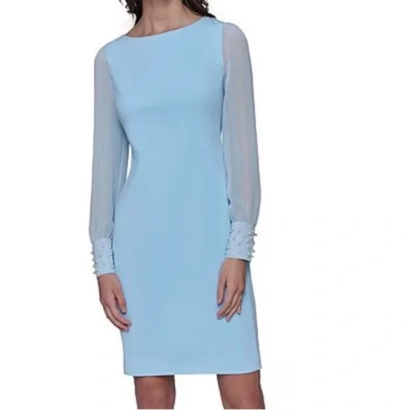 Karl Lagerfeld Powder Blue Long Sleeve Sheath Dress Pearl Sleeves Accent Size 16 - Picture 5 of 6